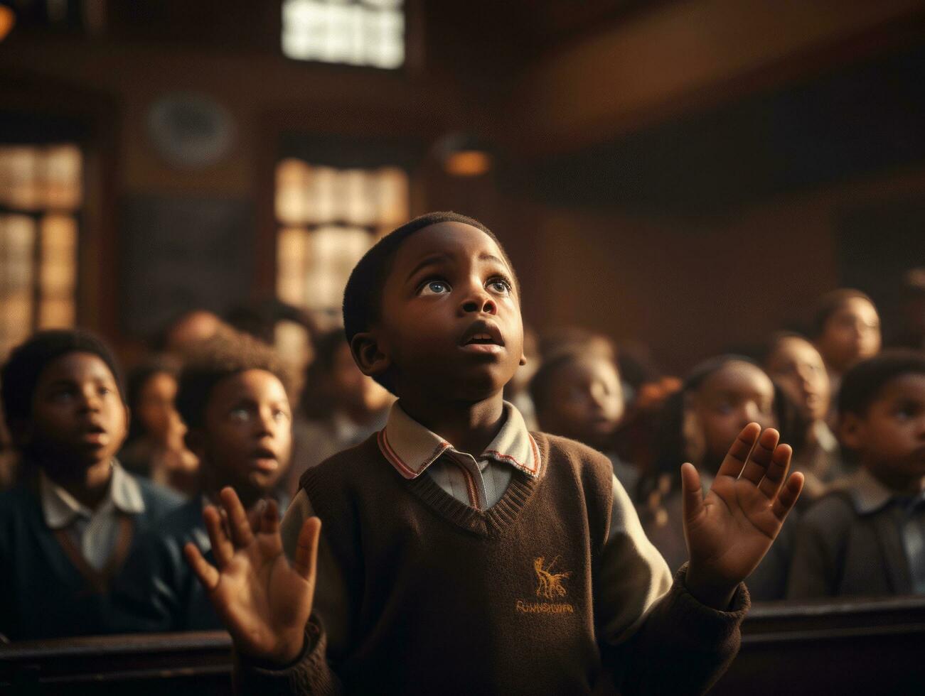 African kid in emotional dynamic pose in school AI Generative photo