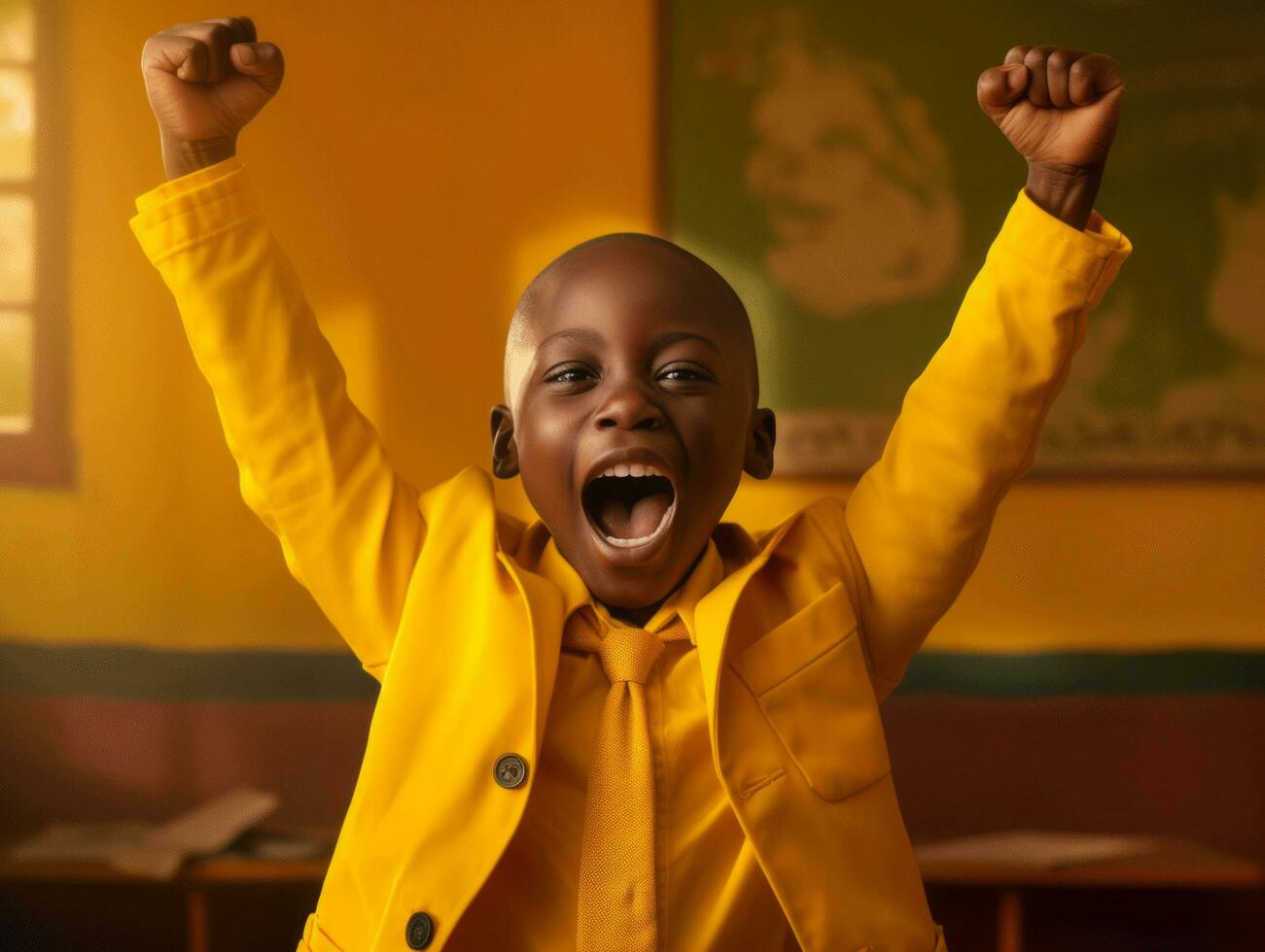 African kid in emotional dynamic pose in school AI Generative photo