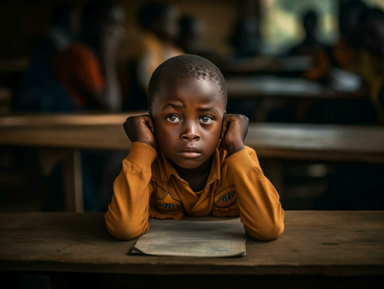 African kid in emotional dynamic pose in school AI Generative photo