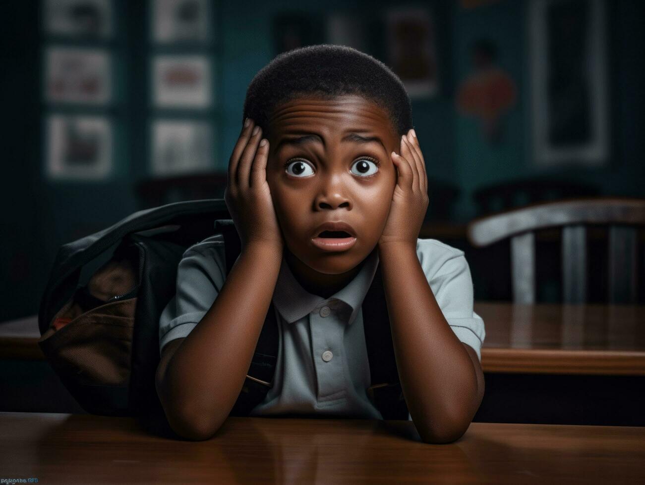 African kid in emotional dynamic pose in school AI Generative photo