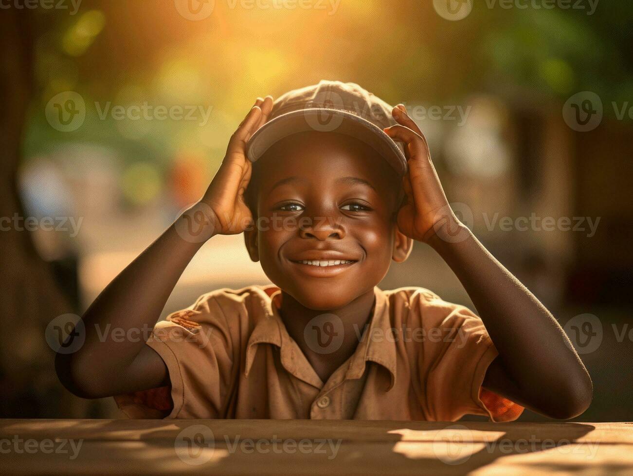 African kid in emotional dynamic pose in school AI Generative photo