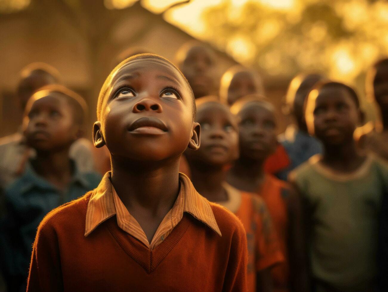 African kid in emotional dynamic pose in school AI Generative photo