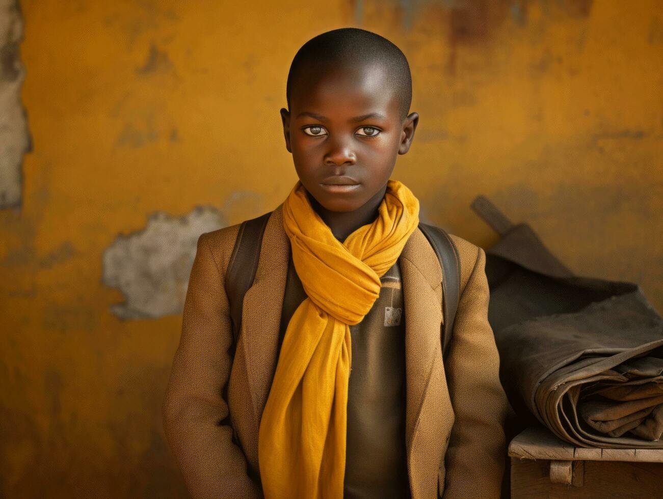 African kid in emotional dynamic pose in school AI Generative photo