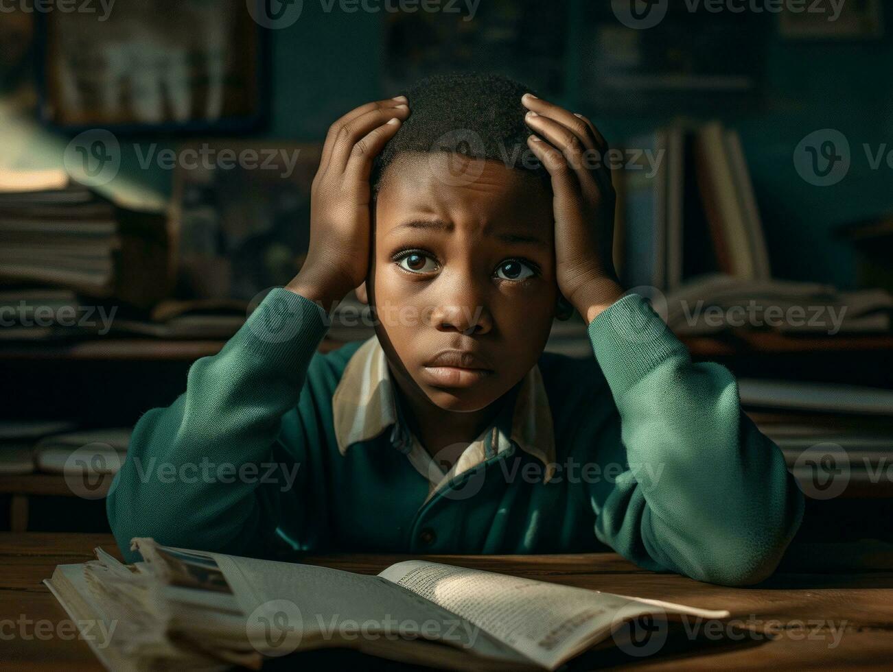 African kid in emotional dynamic pose in school AI Generative photo