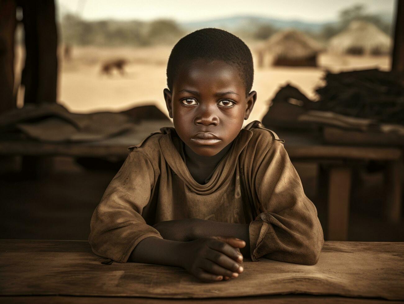 African kid in emotional dynamic pose in school AI Generative photo