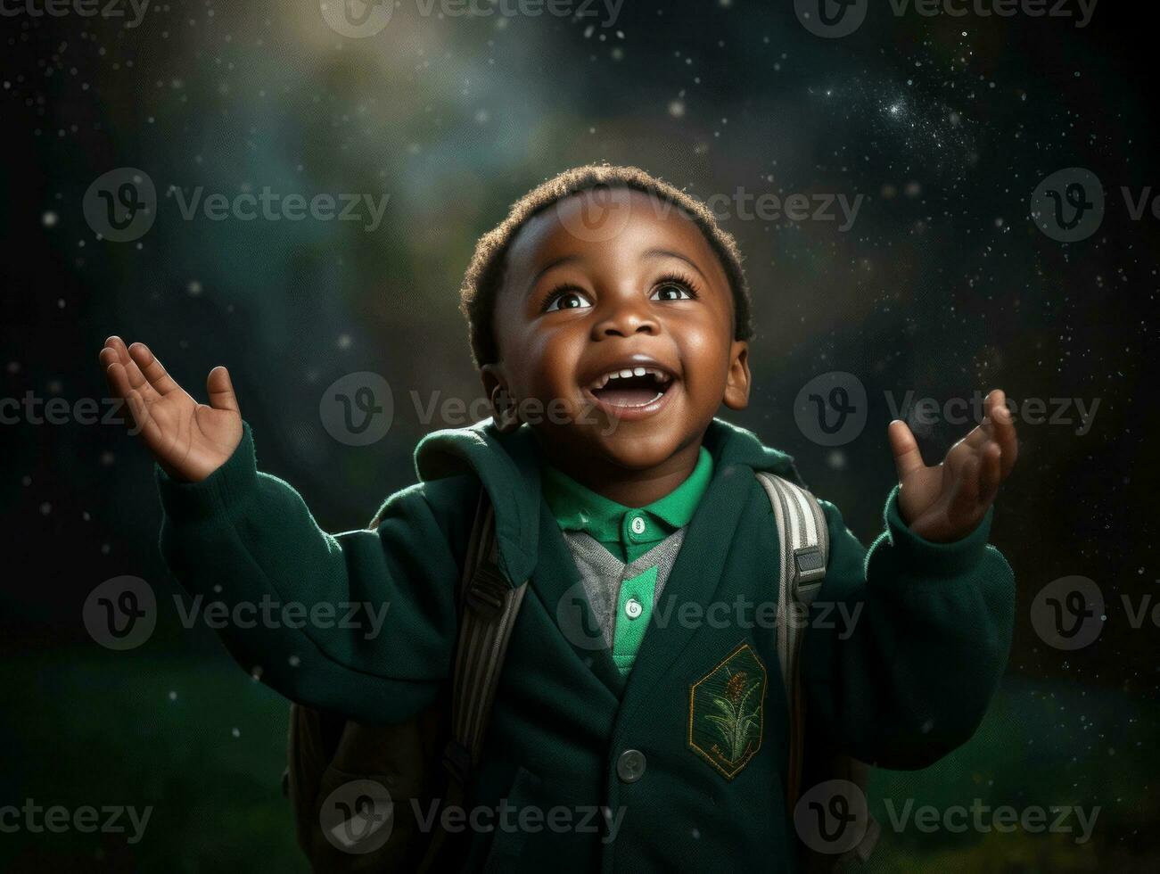 African kid in emotional dynamic pose in school AI Generative photo