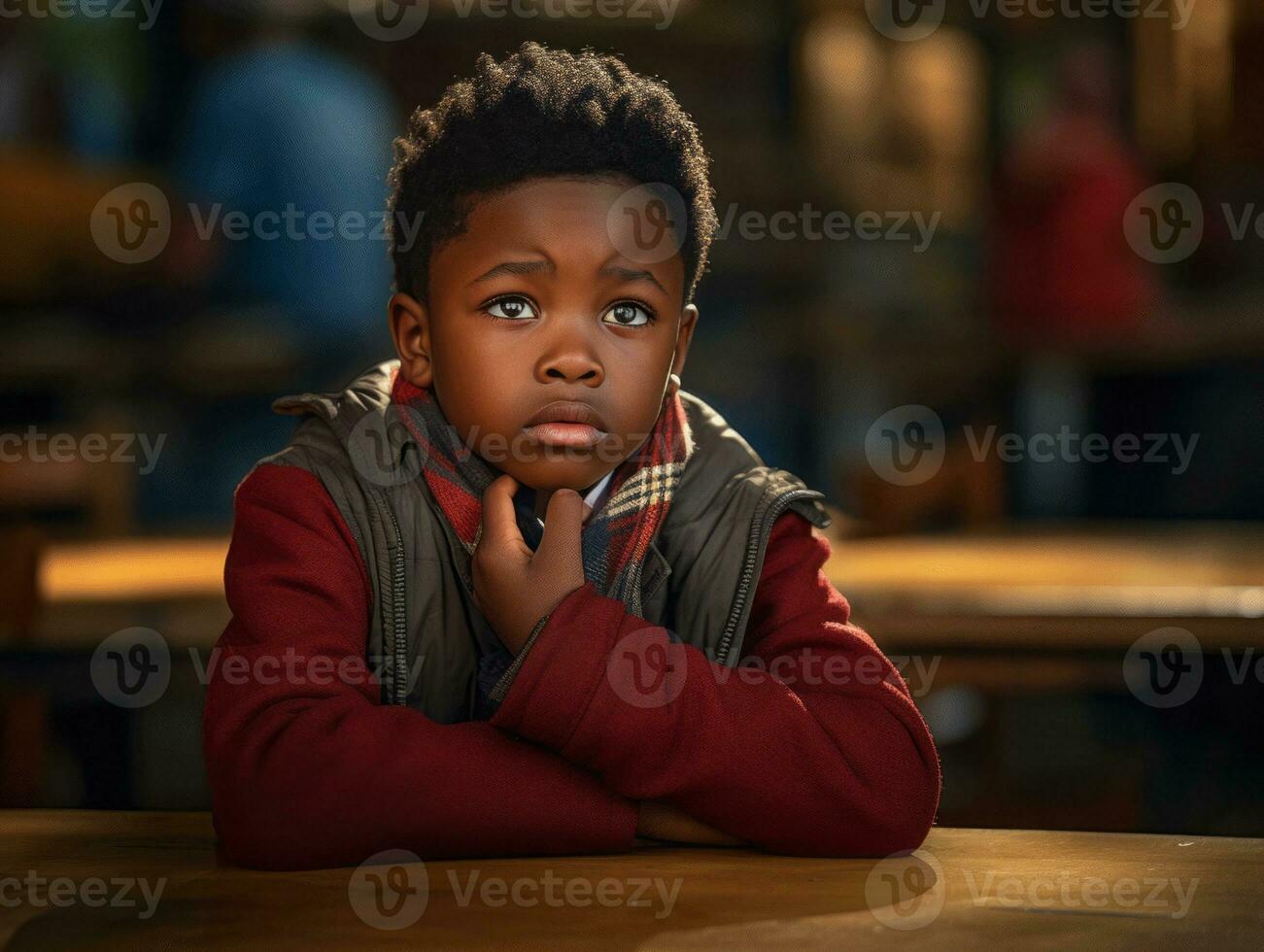 African kid in emotional dynamic pose in school AI Generative photo