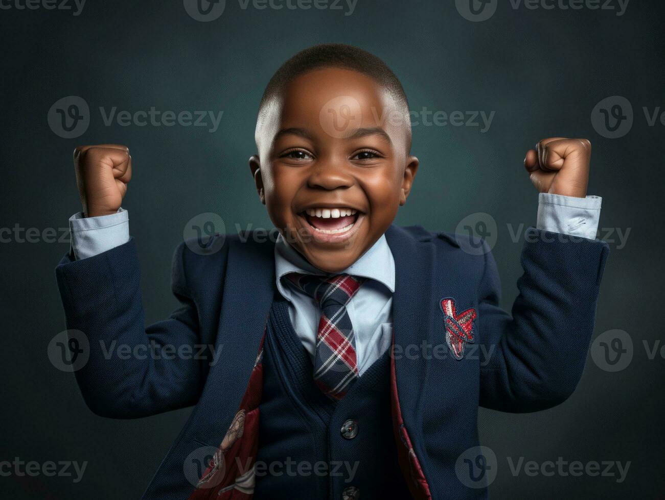 African kid in emotional dynamic pose in school AI Generative photo