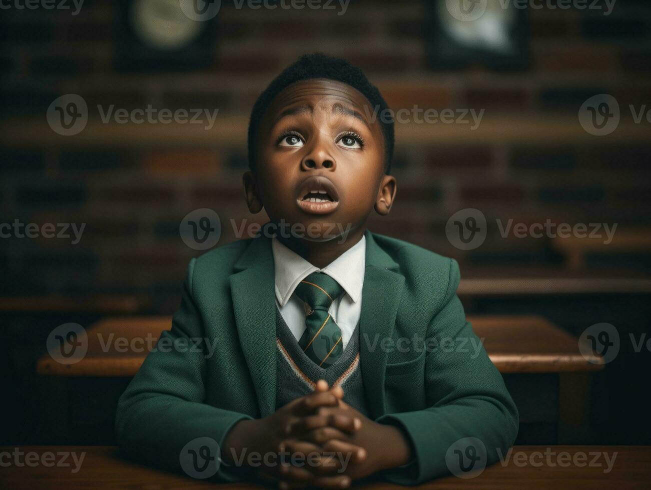 African kid in emotional dynamic pose in school AI Generative photo