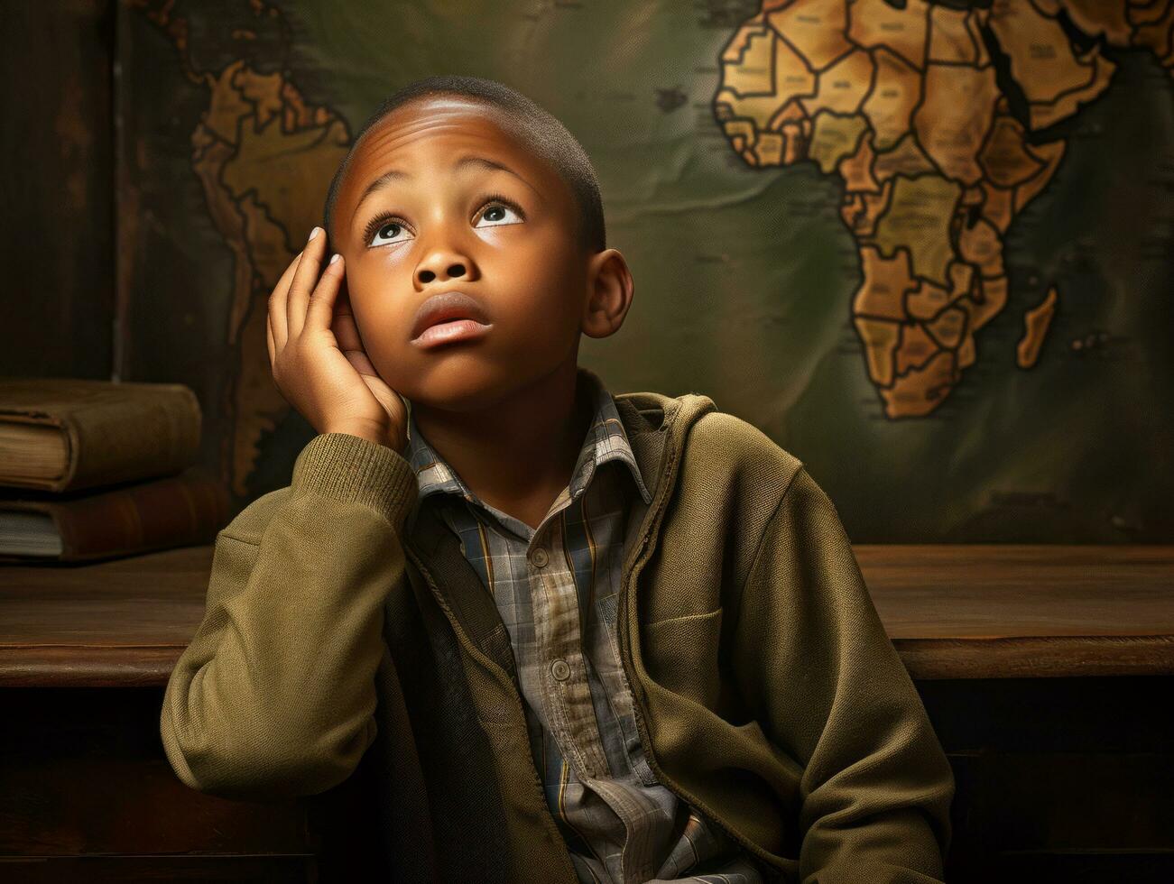 African kid in emotional dynamic pose in school AI Generative photo