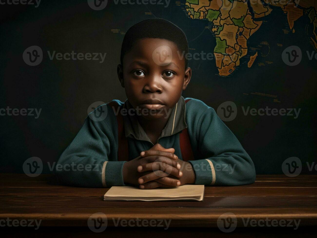 African kid in emotional dynamic pose in school AI Generative photo