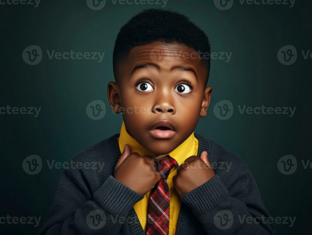 African kid in emotional dynamic pose in school AI Generative photo