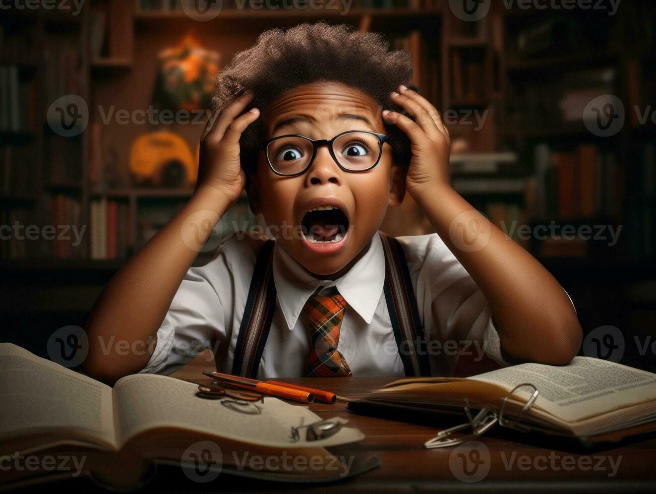 African kid in emotional dynamic pose in school AI Generative photo