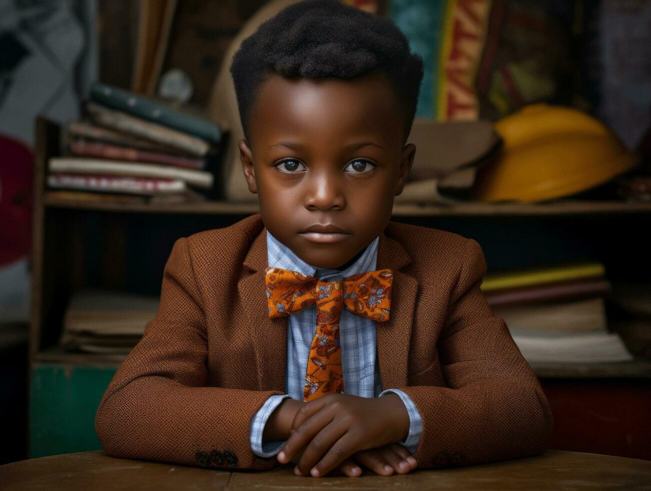 African kid in emotional dynamic pose in school AI Generative photo