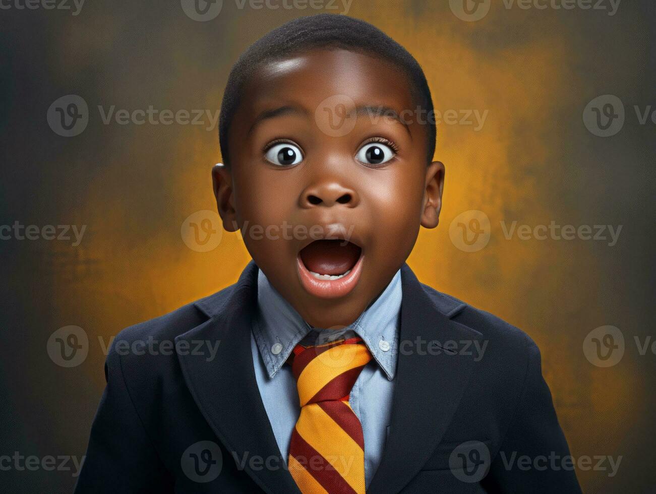 African kid in emotional dynamic pose in school AI Generative photo