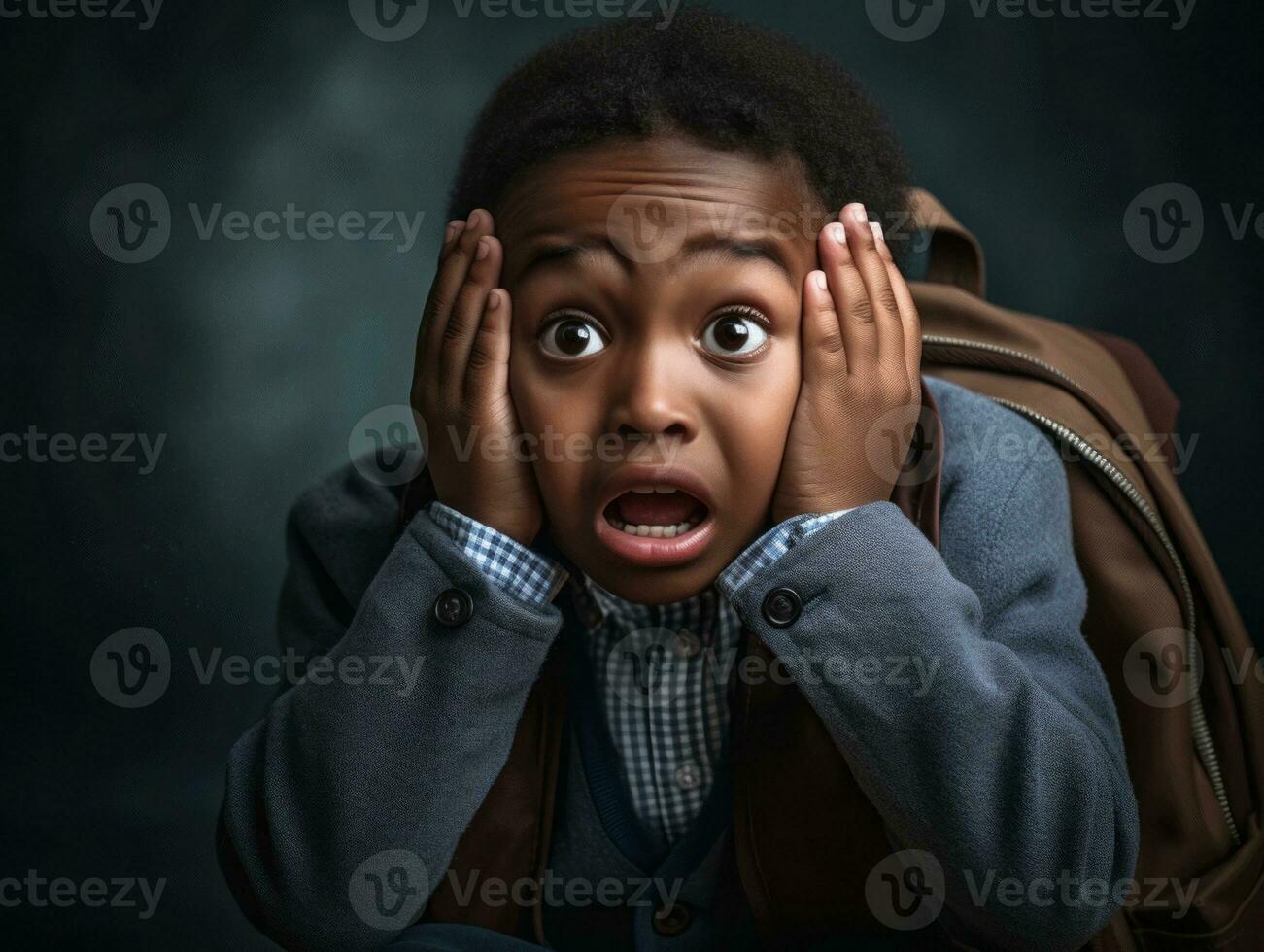African kid in emotional dynamic pose in school AI Generative photo
