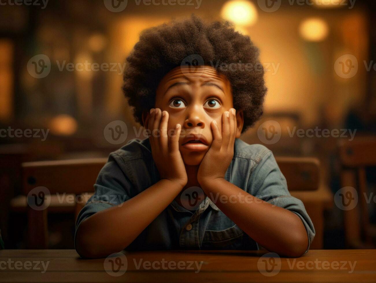 African kid in emotional dynamic pose in school AI Generative photo