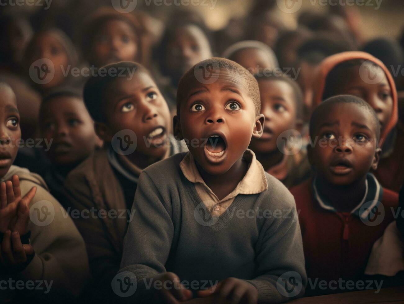 African kid in emotional dynamic pose in school AI Generative photo