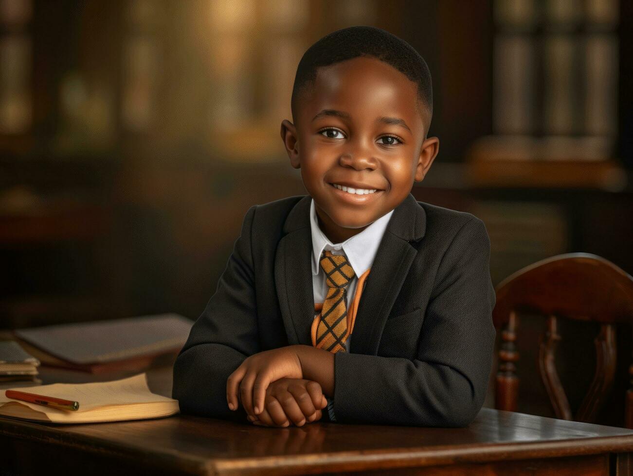 African kid in emotional dynamic pose in school AI Generative photo