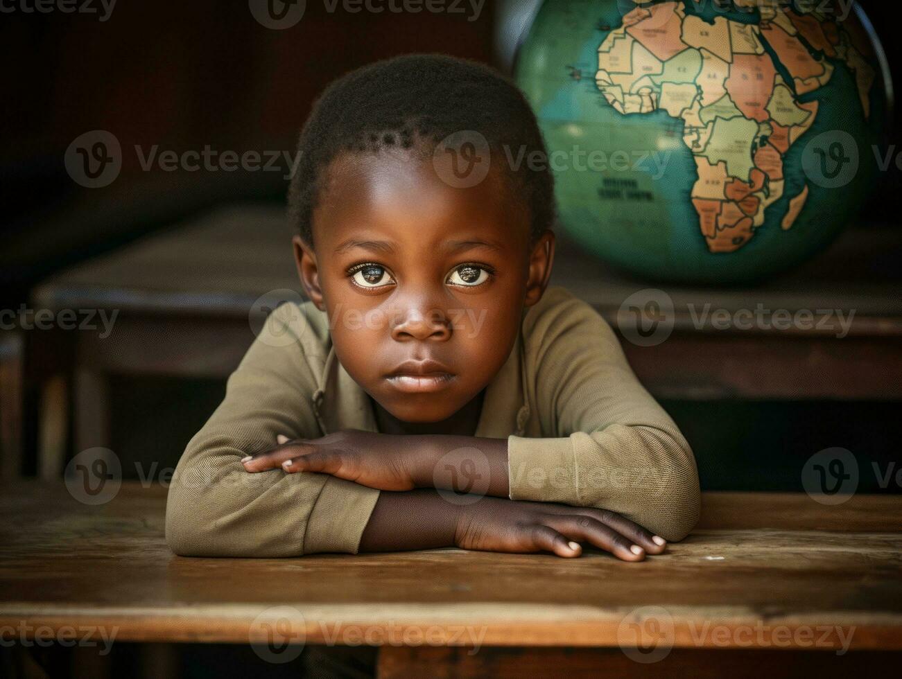 African kid in emotional dynamic pose in school AI Generative photo