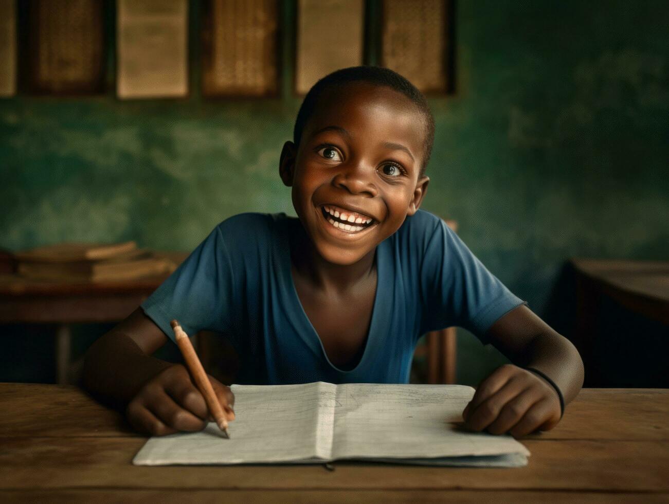 African kid in emotional dynamic pose in school AI Generative photo