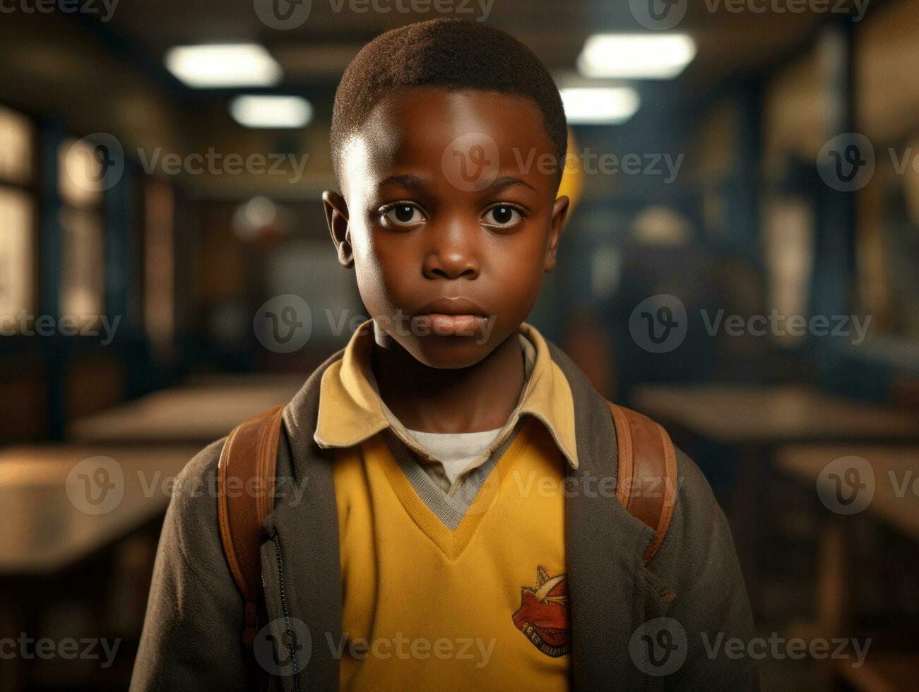 African kid in emotional dynamic pose in school AI Generative photo