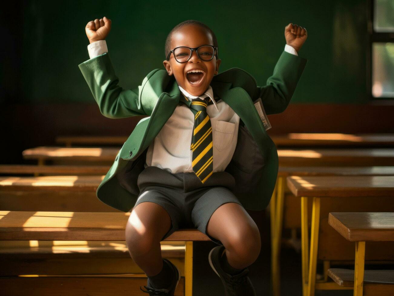 African kid in emotional dynamic pose in school AI Generative photo