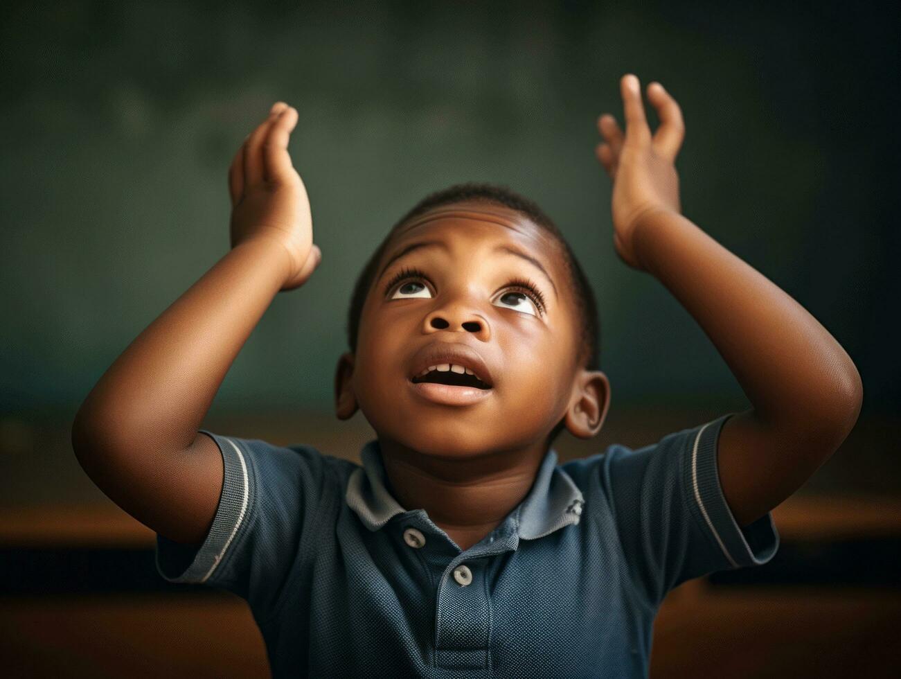 African kid in emotional dynamic pose in school AI Generative photo