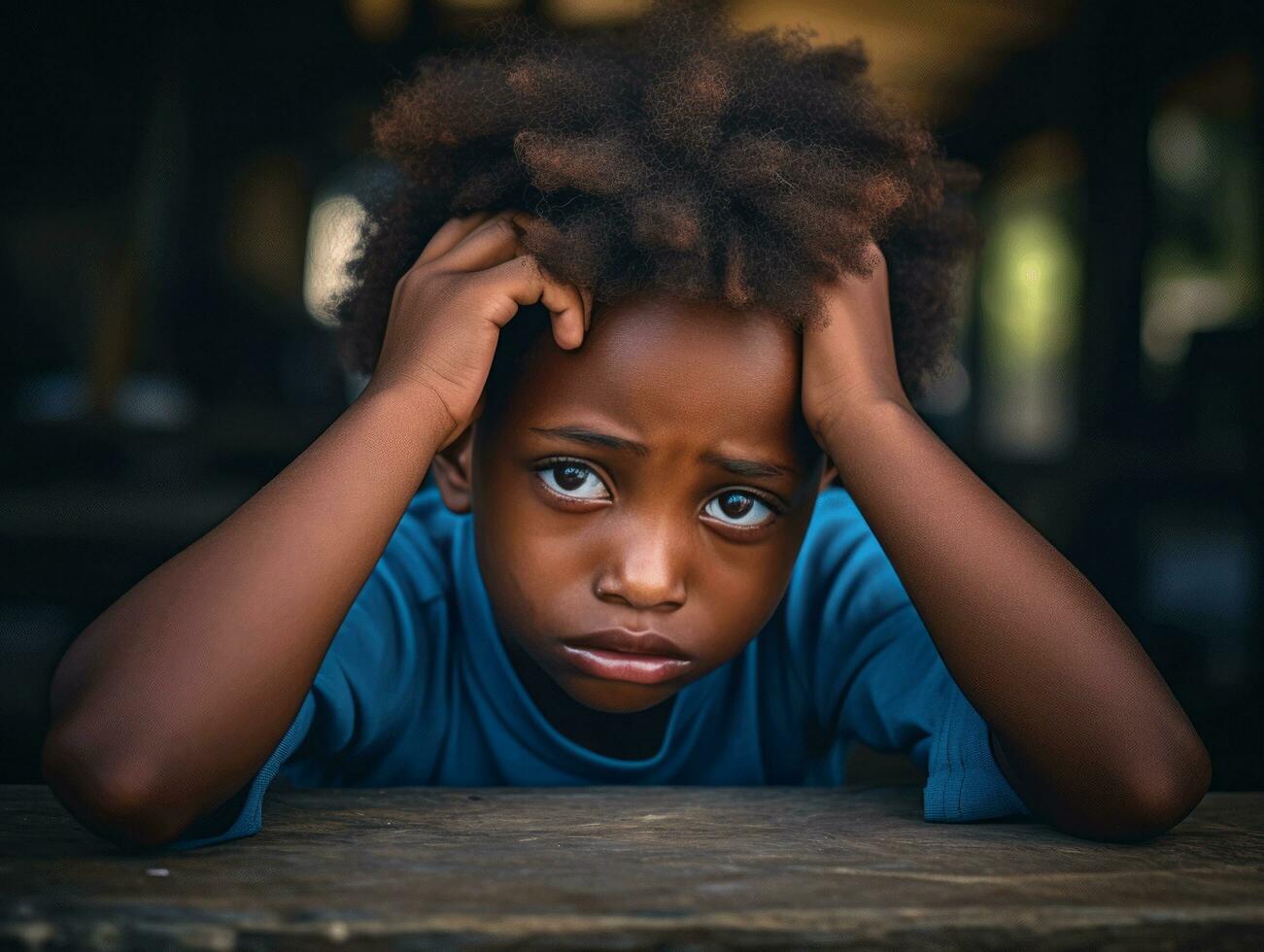 African kid in emotional dynamic pose in school AI Generative photo