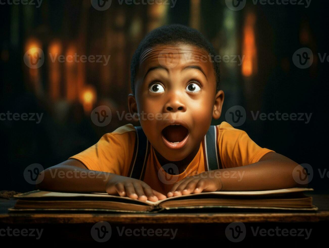 African kid in emotional dynamic pose in school AI Generative photo