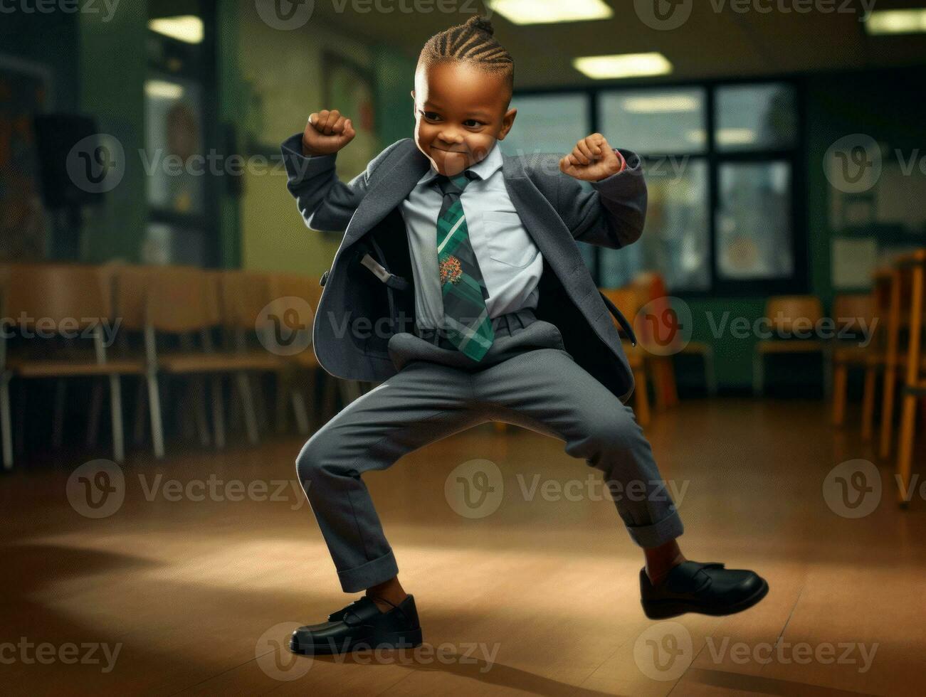African kid in emotional dynamic pose in school AI Generative photo