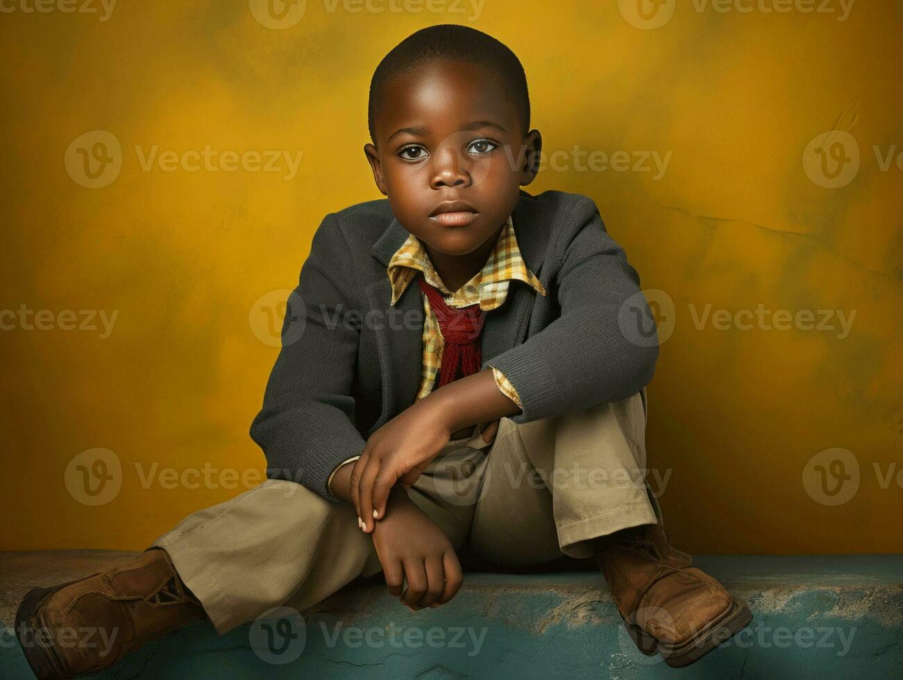 African kid in emotional dynamic pose in school AI Generative photo