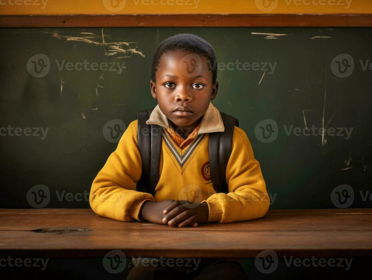 African kid in emotional dynamic pose in school AI Generative photo