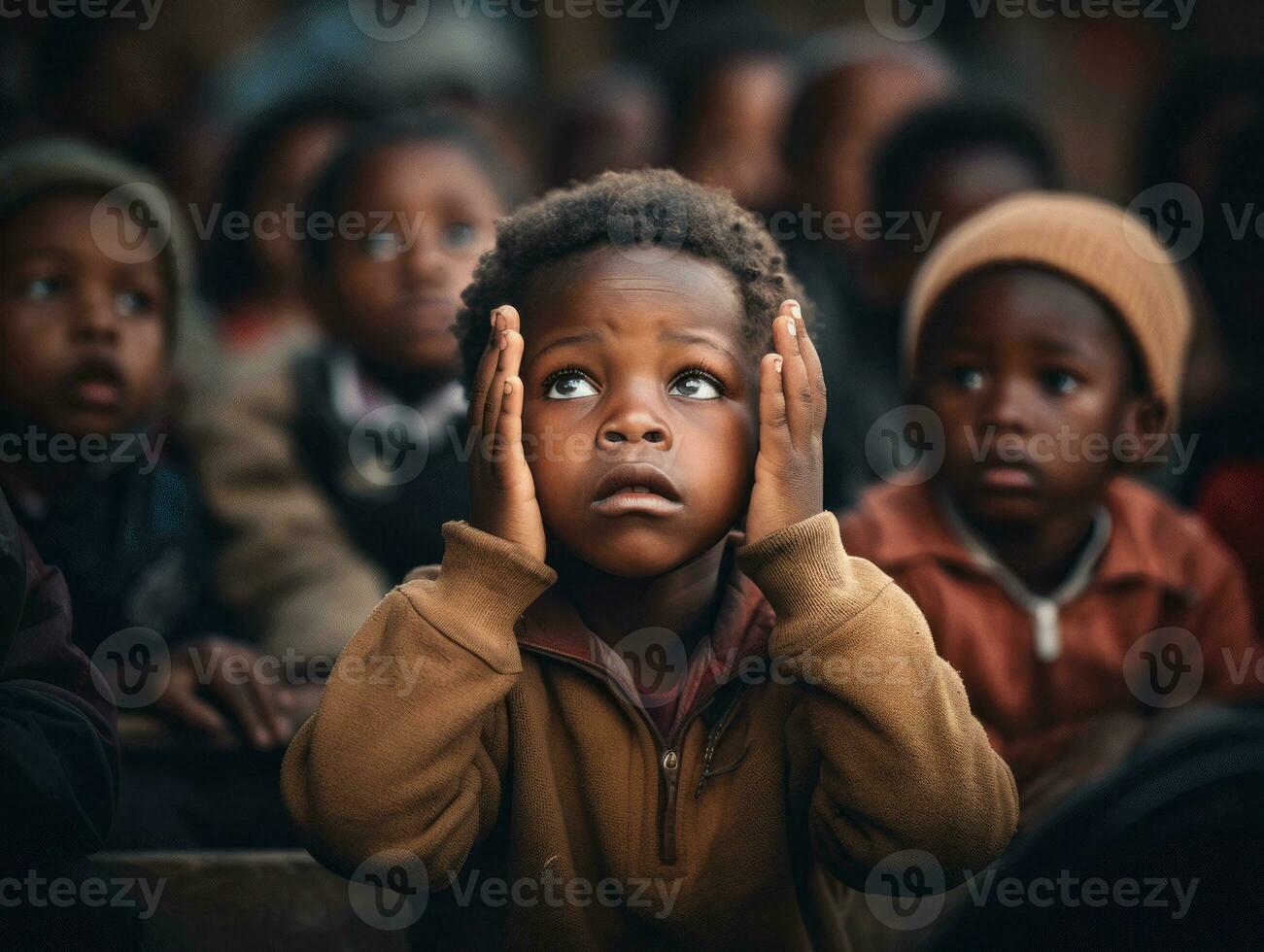 African kid in emotional dynamic pose in school AI Generative photo