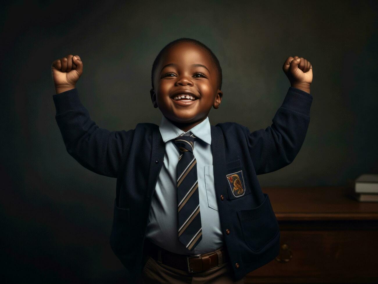 African kid in emotional dynamic pose in school AI Generative photo