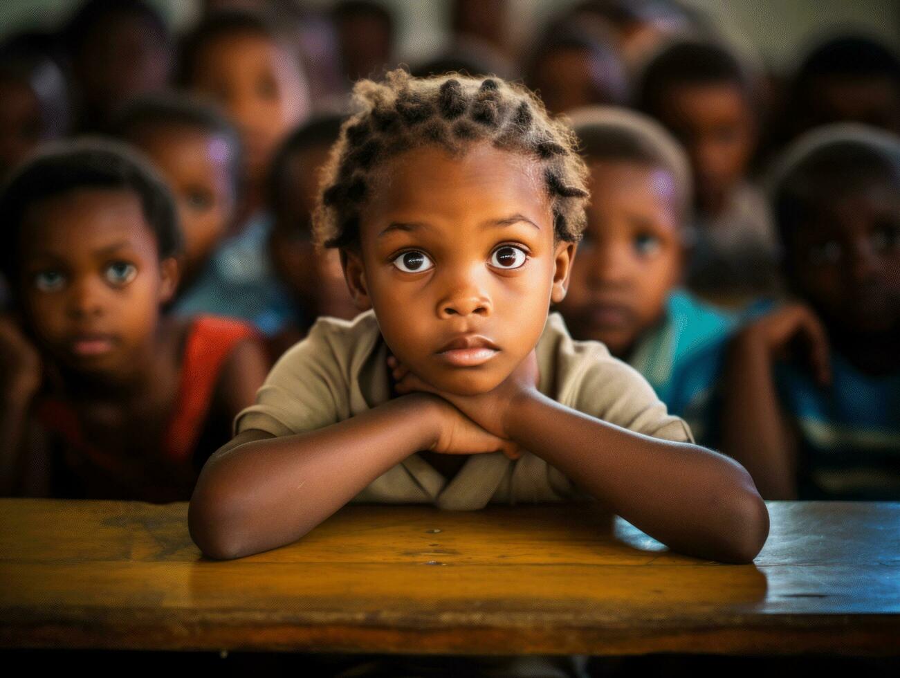 African kid in emotional dynamic pose in school AI Generative photo