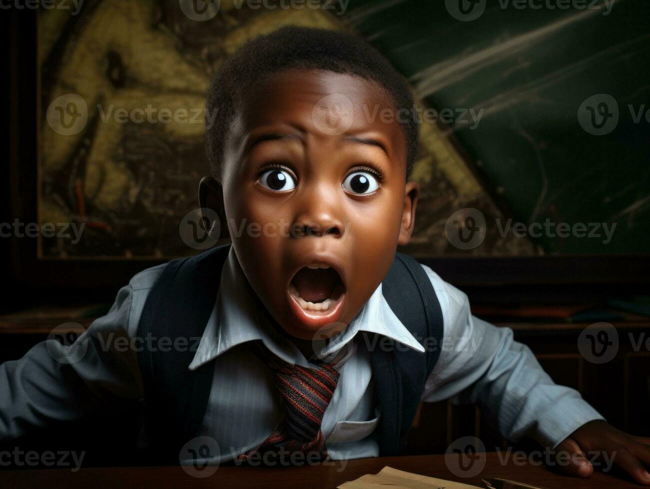African kid in emotional dynamic pose in school AI Generative photo