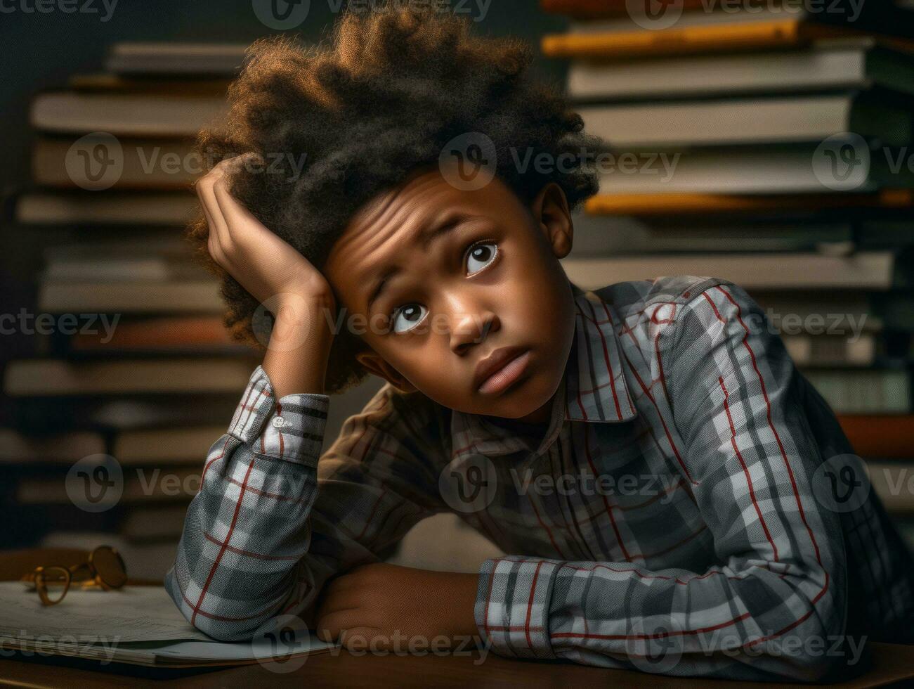 African kid in emotional dynamic pose in school AI Generative photo