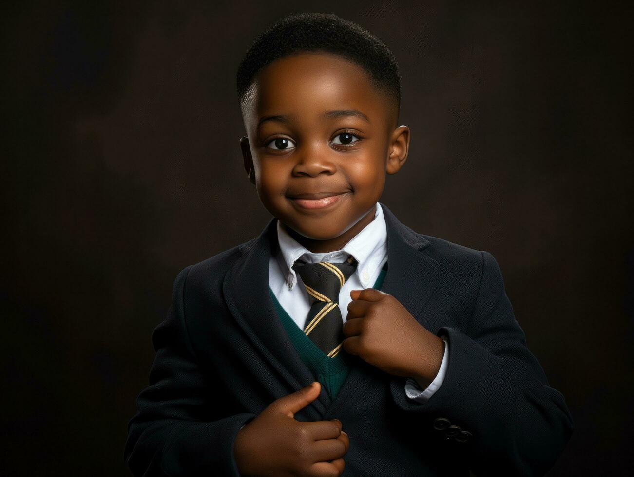 African kid in emotional dynamic pose in school AI Generative photo