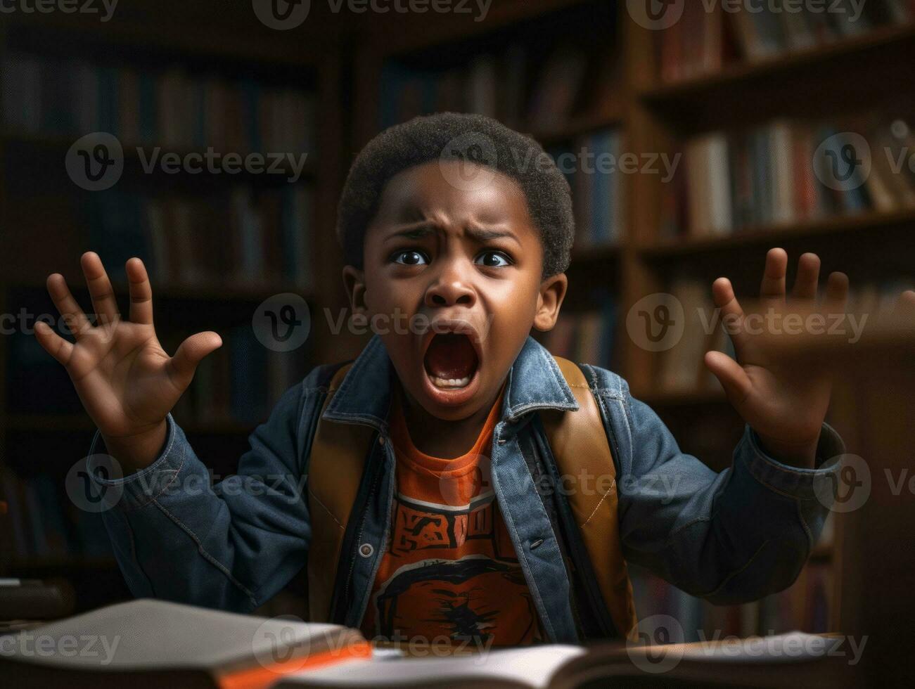 African kid in emotional dynamic pose in school AI Generative photo