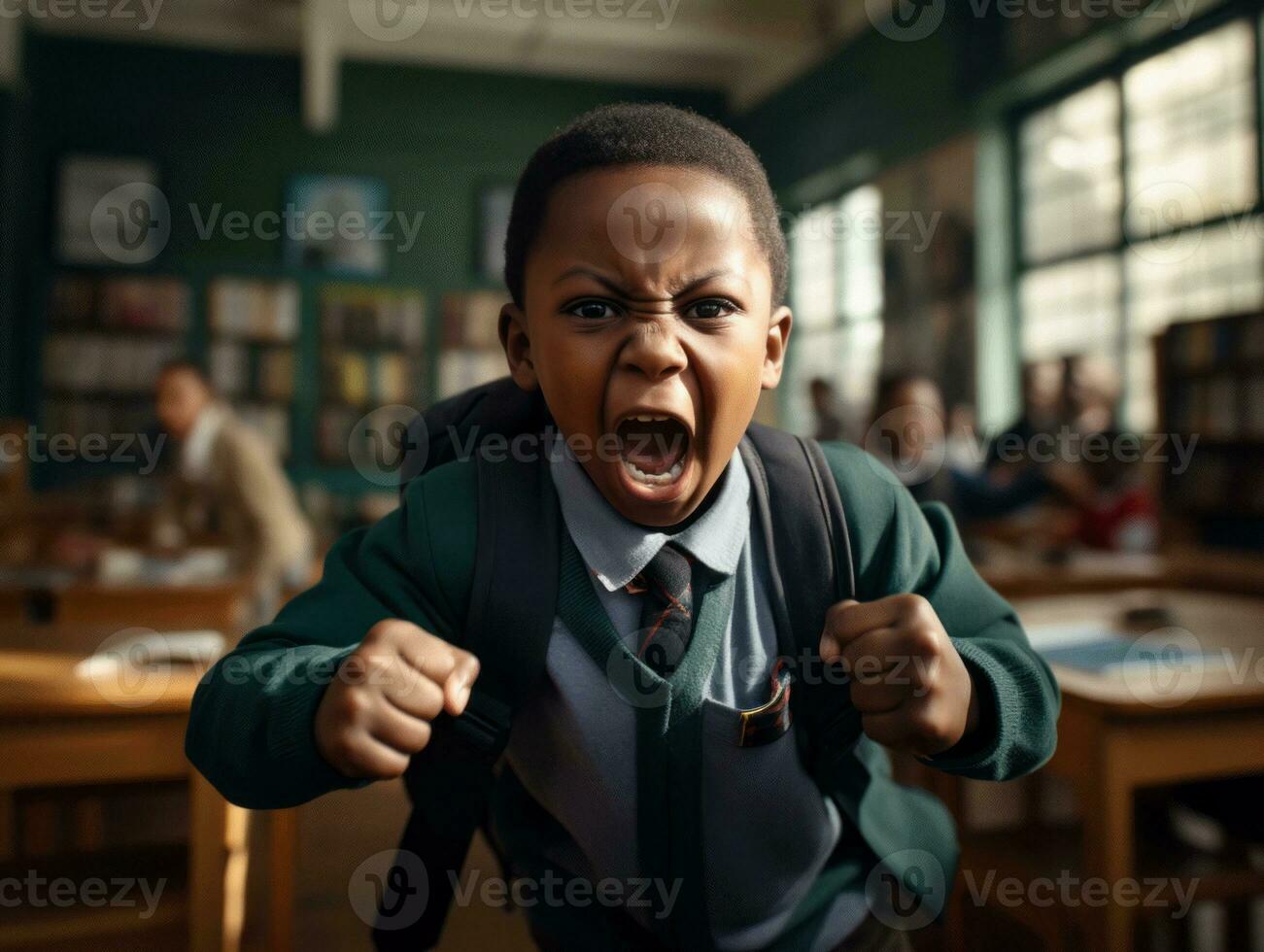 African kid in emotional dynamic pose in school AI Generative photo