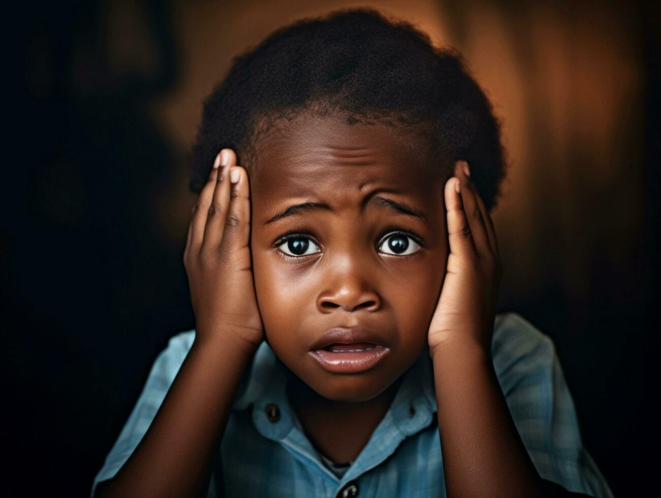 African kid in emotional dynamic pose in school AI Generative photo