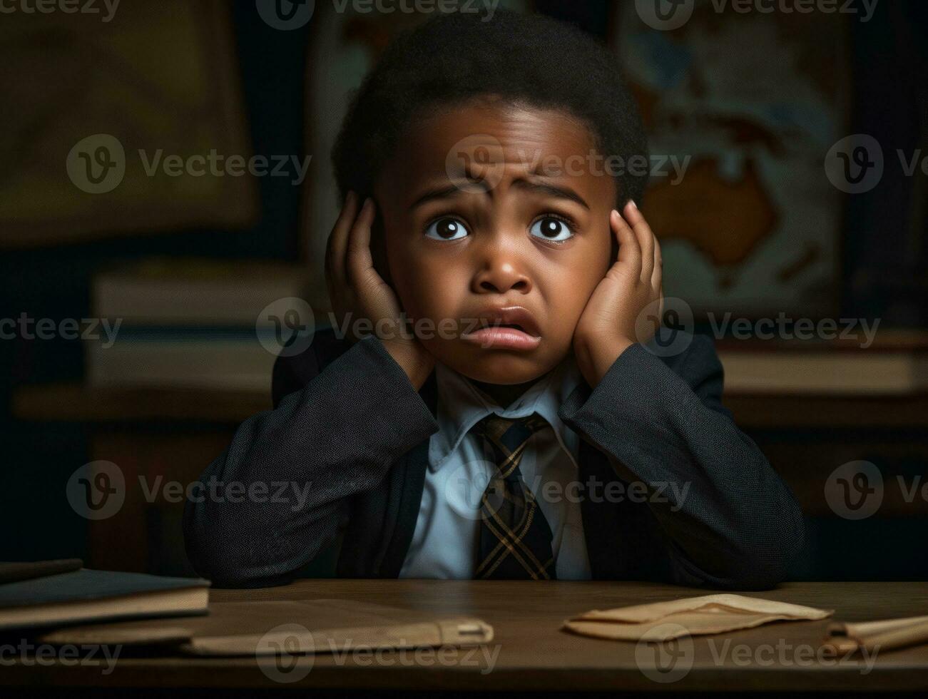 African kid in emotional dynamic pose in school AI Generative photo