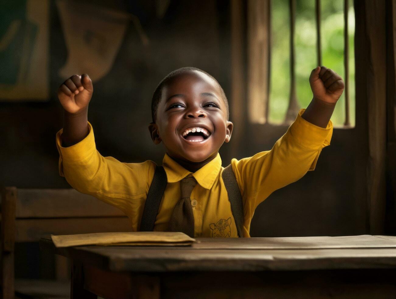 African kid in emotional dynamic pose in school AI Generative photo