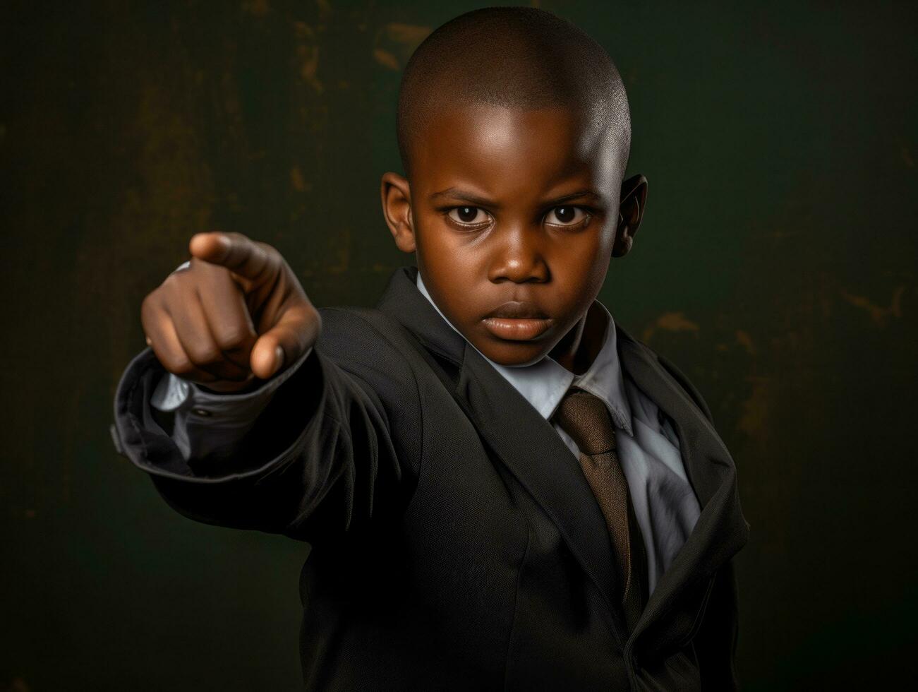 African kid in emotional dynamic pose in school AI Generative photo