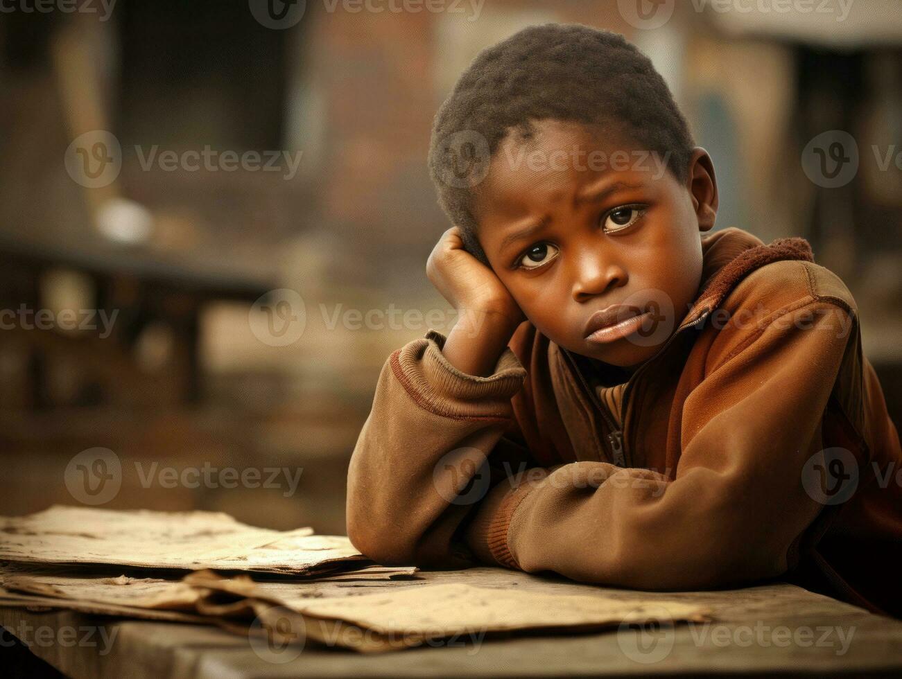 African kid in emotional dynamic pose in school AI Generative photo