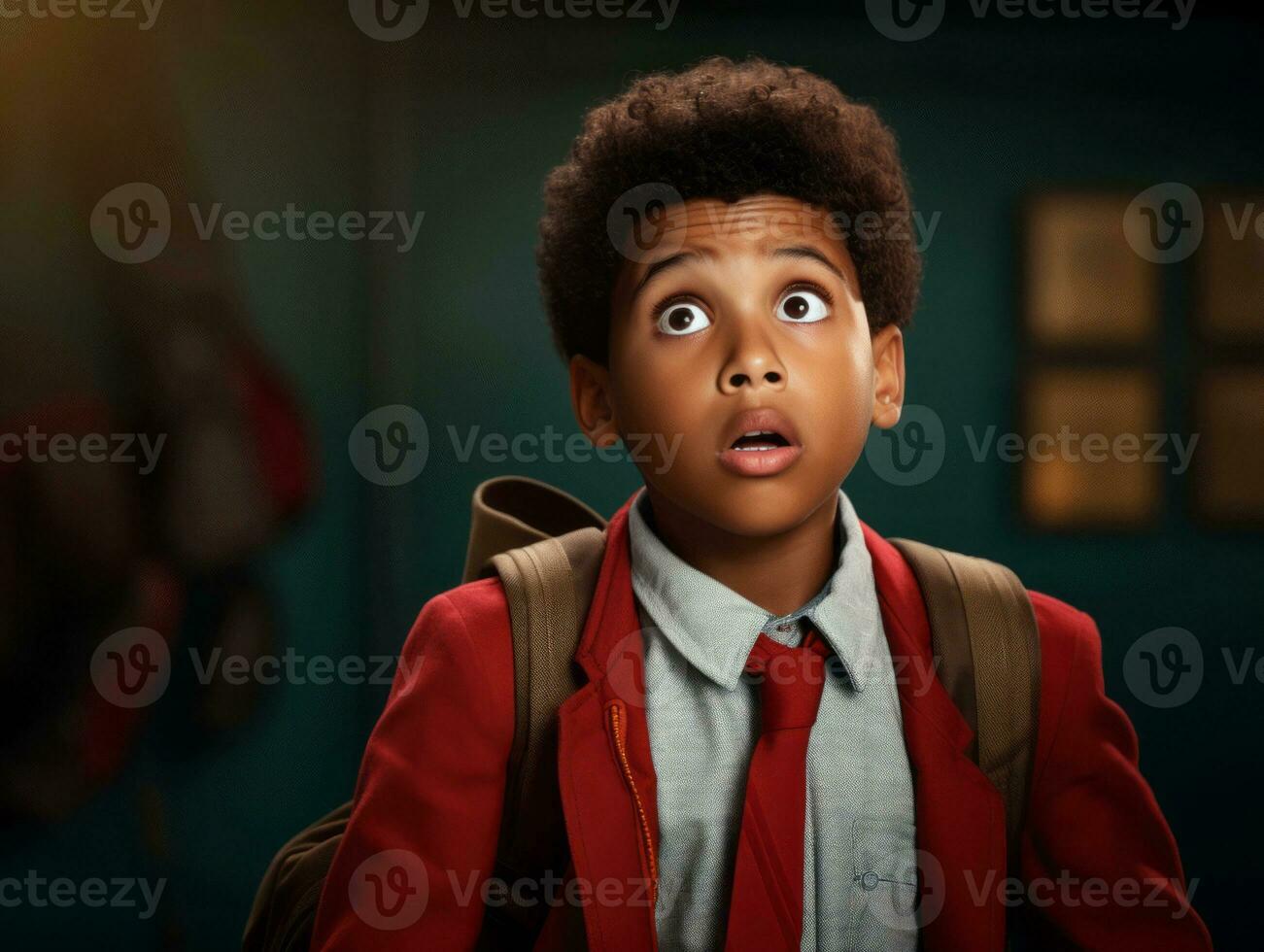 African kid in emotional dynamic pose in school AI Generative photo