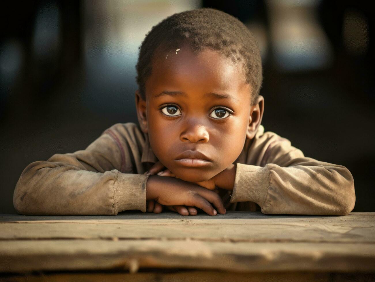 African kid in emotional dynamic pose in school AI Generative photo