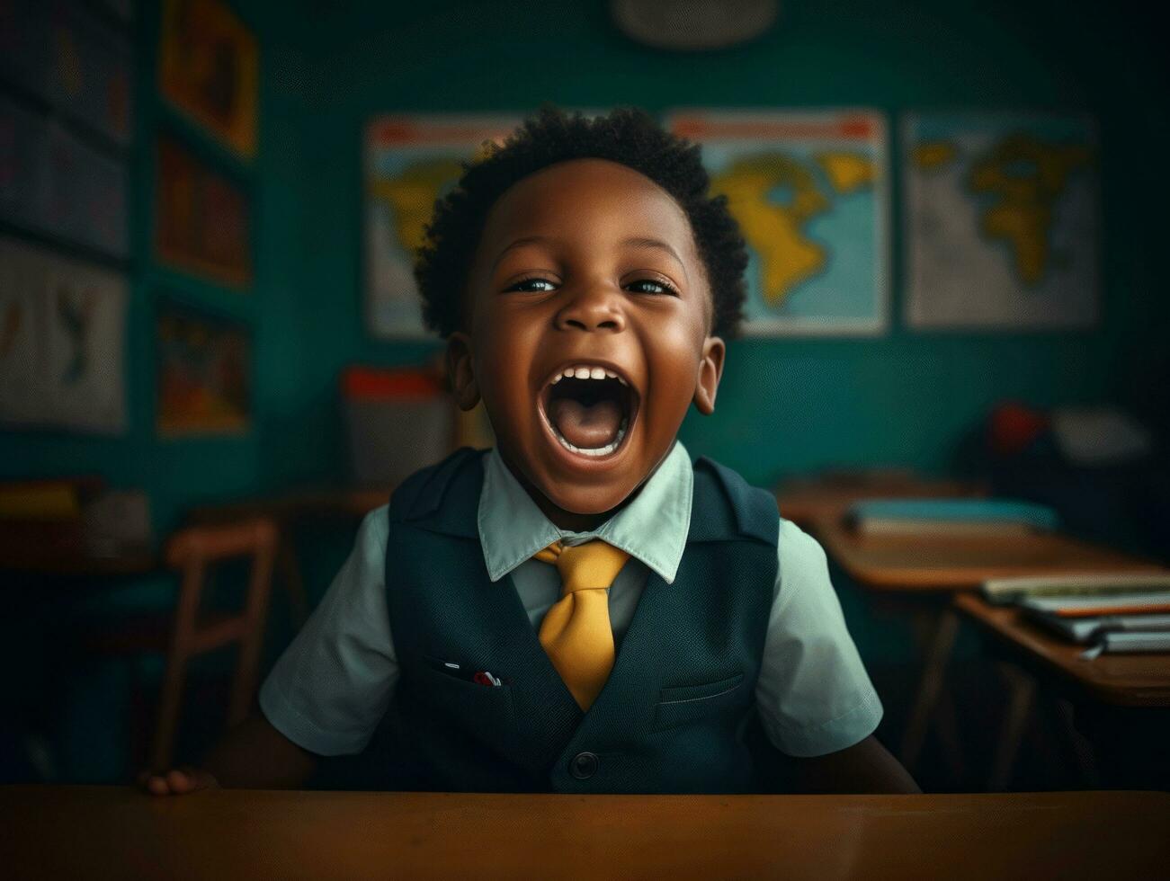 African kid in emotional dynamic pose in school AI Generative photo
