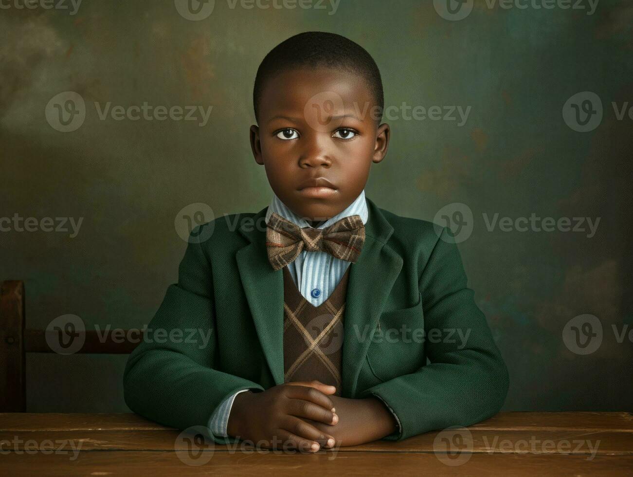 African kid in emotional dynamic pose in school AI Generative photo